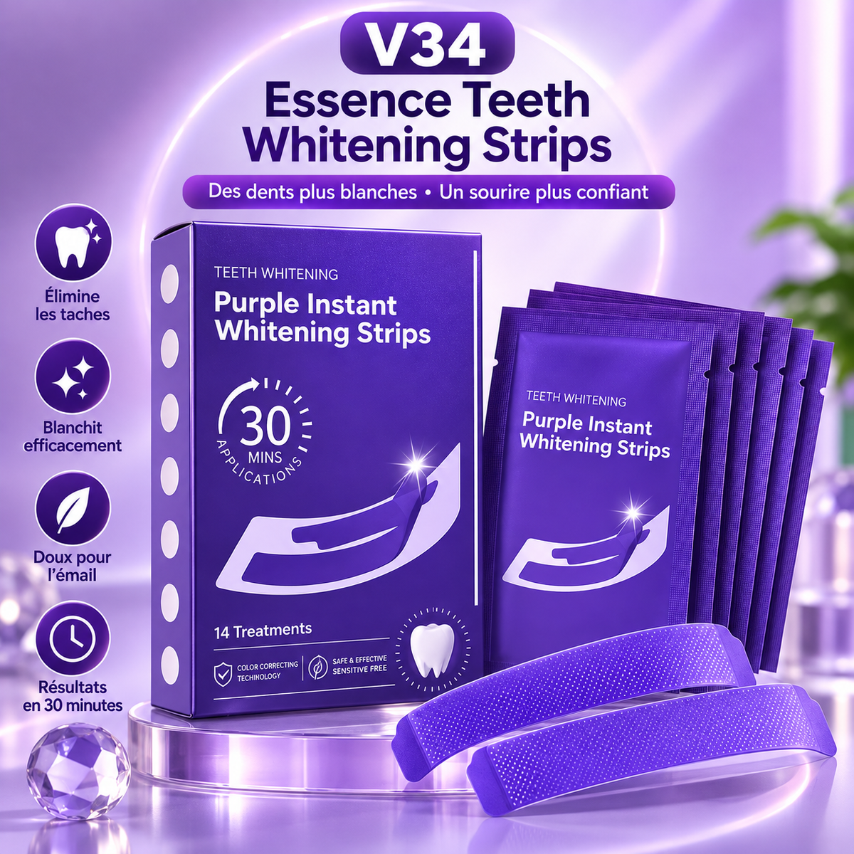 Bandes Blanchissantes Violettes pour les Dents — Sourire Éclatant