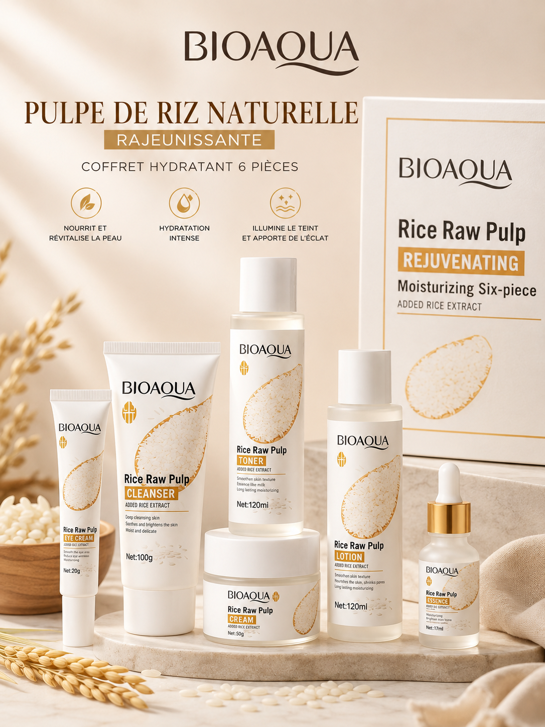 Les 6 soins visage Bioaqua Pulpe de Riz : nettoyant, lotion, tonique, sérum, crème, contour des yeux