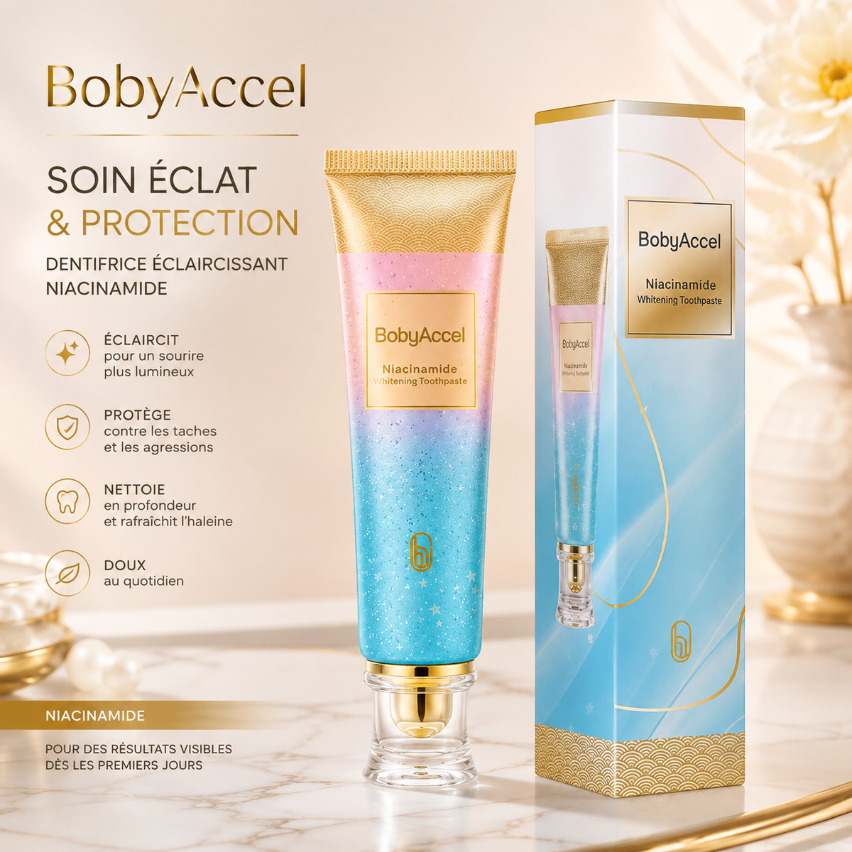 Dentifrice éclaircissant BobyAccel niacinamide — tube et boîte